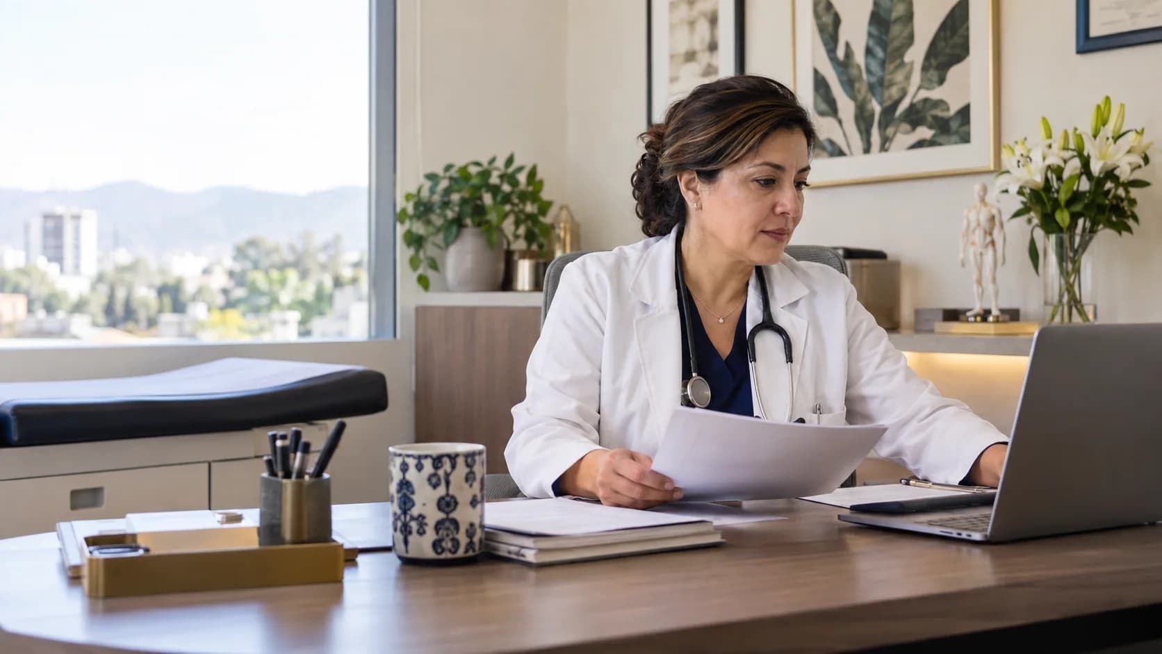 Doctora propietaria trabajando naturalmente en la administración de su consultorio